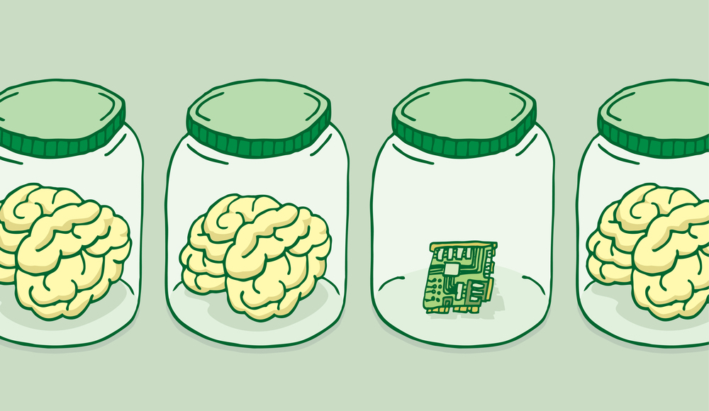 Illustration of artificial intelligence besides brains in jars